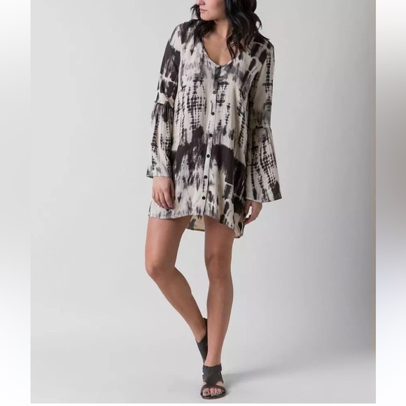 Billabong Oversized Shirt Dress With Bell Sleeve Gauzy Brown White Jr Large - Picture 1 of 15
